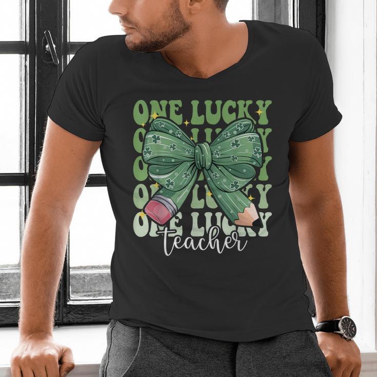 One Lucky Teacher Coquette Bow St Patricks Day Teacher Men's V-Neck T-Shirt, gift for family, gift for coworker One Lucky Teacher Coquette Bow St Patricks Day Teacher Men's V-Neck T-Shirt, gift for family, gift for coworker