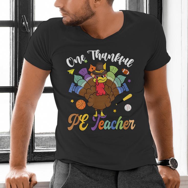One Thankful PE Teacher Turkey Thanksgiving -Adults & Kids Classic Fit Polyester 100 Short Sleeve Men's V-Neck T-Shirt, Pe Teacher Shirts, gift for family, gift for coworker