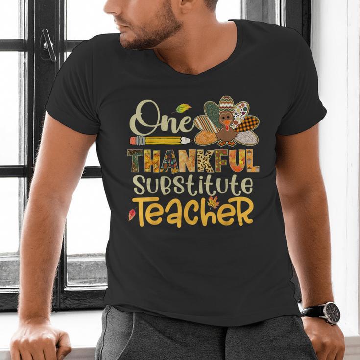 One Thankful Substitute Teacher Turkey Leopard Thanksgiving For Men Women Men's V-Neck T-Shirt, gift for family, gift for coworker