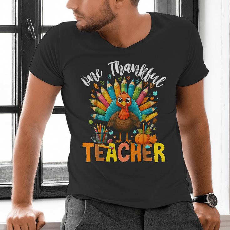 One Thankful Teacher Thanksgiving Turkey Cute Crayon Pencil Men's V-Neck T-Shirt, gift for family, gift for coworker One Thankful Teacher Thanksgiving Turkey Cute Crayon Pencil Men's V-Neck T-Shirt, gift for family, gift for coworker