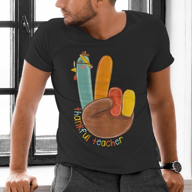 One Thankful Teacher Thanksgiving Turkey Peace Hand Sign Men's V-Neck T-Shirt, gift for family, gift for coworker One Thankful Teacher Thanksgiving Turkey Peace Hand Sign Men's V-Neck T-Shirt, gift for family, gift for coworker