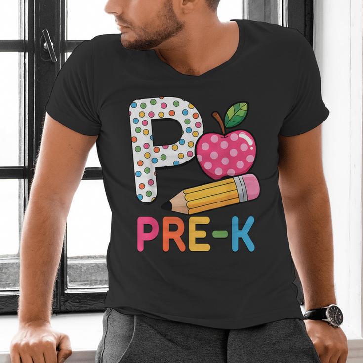 P Is For Pre K Teacher Student Pencil Apple Back To School Men's V-Neck T-Shirt, gift for family, gift for coworker P Is For Pre K Teacher Student Pencil Apple Back To School Men's V-Neck T-Shirt, gift for family, gift for coworker