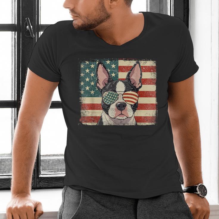 Patriotic Boston Terrier Dog Lover USA Flag 4th Of July For Men Women Kids Men's V-Neck T-Shirt, Patriotic Boston Terrier Shirts, Boston Terrier 4th Of July Shirts, gift for family, gift for coworker