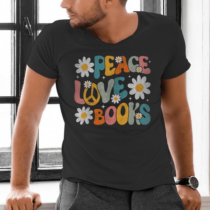 Peace Love Books Bookworm Librarian Reading Teacher Groovy Men's V-Neck T-Shirt, Groovy Teacher Shirts, gift for family, gift for coworker