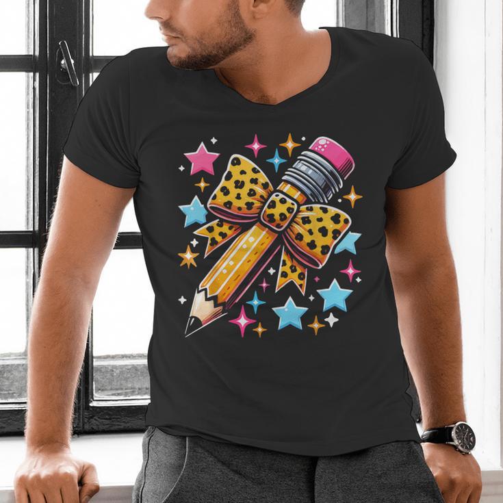 Pencil Leopard Coquette Bow Teacher Life Back To School Men's V-Neck T-Shirt, gift for family, gift for coworker Pencil Leopard Coquette Bow Teacher Life Back To School Men's V-Neck T-Shirt, gift for family, gift for coworker