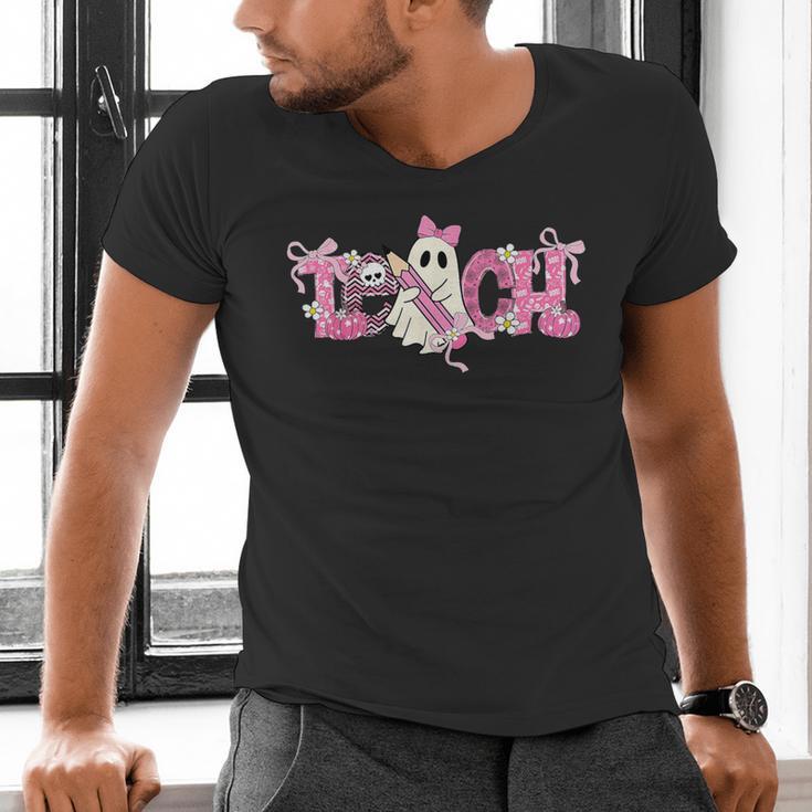Pink Ghost Teach Halloween Teacher In Spooky Season Men's V-Neck T-Shirt, gift for family, gift for coworker Pink Ghost Teach Halloween Teacher In Spooky Season Men's V-Neck T-Shirt, gift for family, gift for coworker