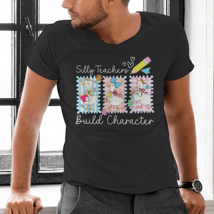 Preppy Silly Teacher Goose Build Character Back To School Men's V-Neck T-Shirt, gift for family, gift for coworker