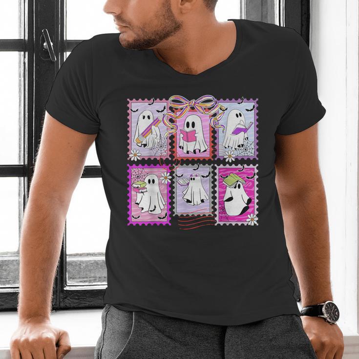 Preppy Spooky Teacher Halloween Ghost Coquette Bow Autumn Men's V-Neck T-Shirt, gift for family, gift for coworker