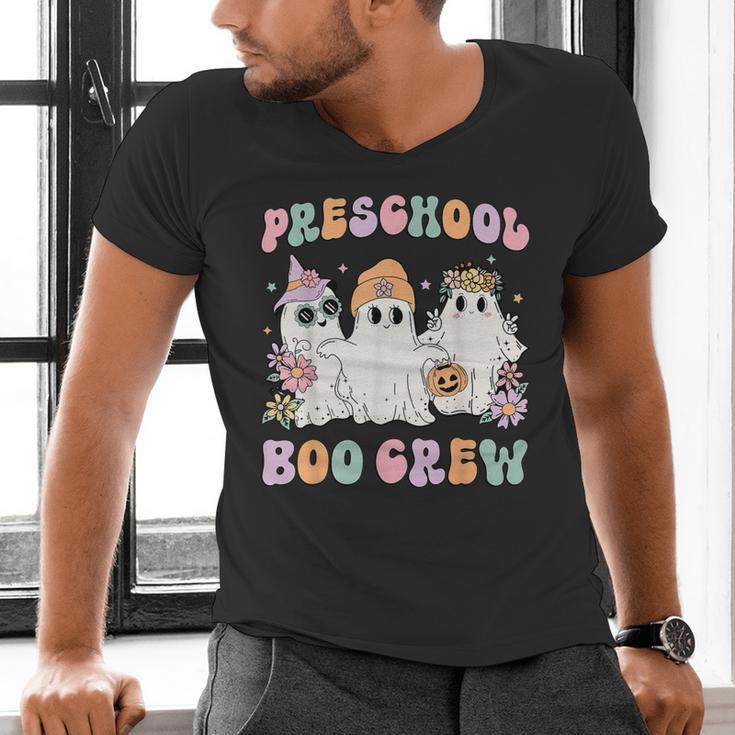 Preschool Boo Crew Groovy Halloween Floral Ghost Teacher Men Women Kids Men's V-Neck T-Shirt, Groovy Teacher Shirts, gift for family, gift for coworker