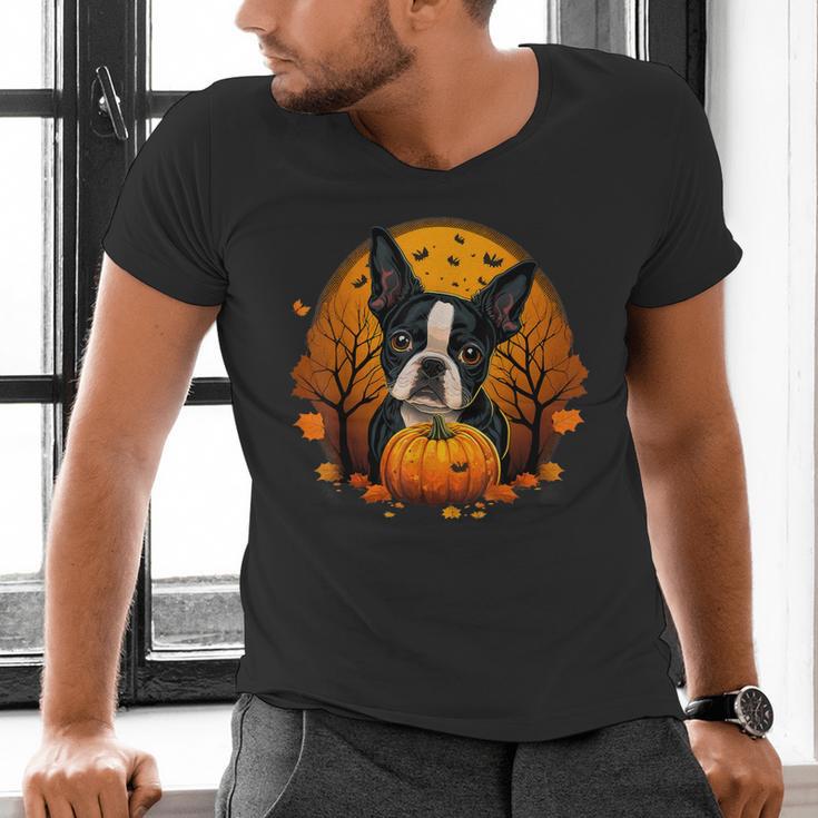 Pumpkin Boston Terrier Costume On Boston Terrier Halloween Men's V-Neck T-Shirt, Boston Terrier Halloween Shirts, gift for family, gift for coworker