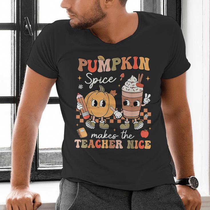 Pumpkin Spice Makes Teacher Nice Retro Fall Spooky Season Men's V-Neck T-Shirt, gift for family, gift for coworker