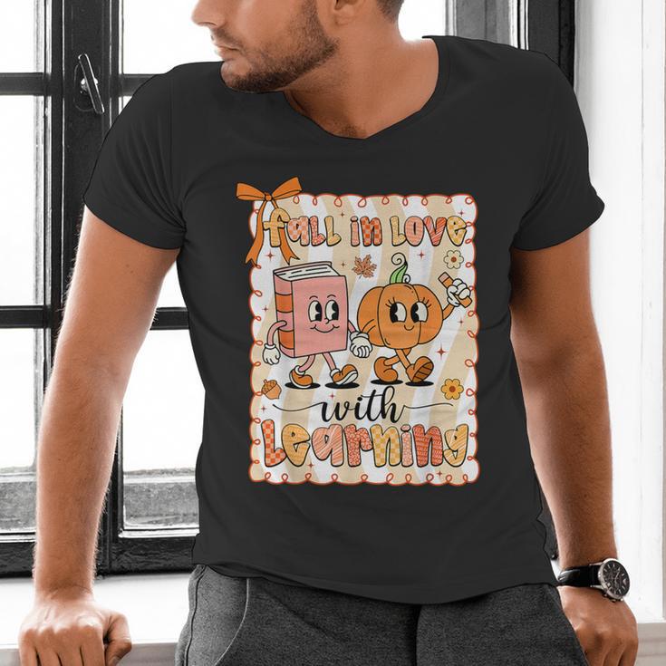 Pumpkin Teacher Preppy Fall In Love With Learning Autumn Men's V-Neck T-Shirt, gift for family, gift for coworker