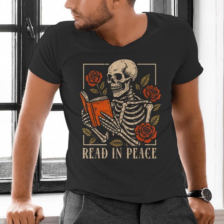 Read In Peace Skeleton Reading Book Halloween Teacher Men's V-Neck T-Shirt, gift for family, gift for coworker
