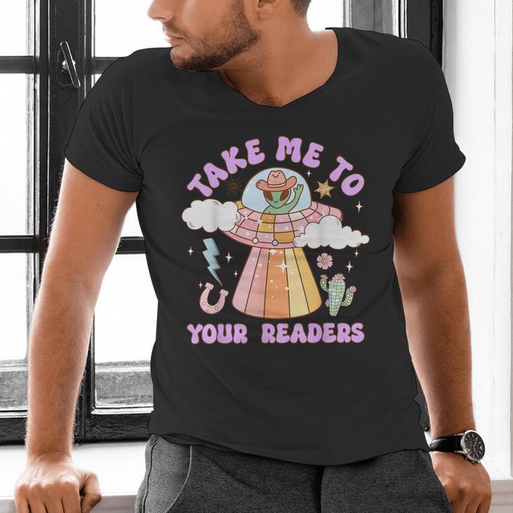 Take Me To Your Readers Alien Teacher Halloween Literacy Men's V-Neck T-Shirt, gift for family, gift for coworker