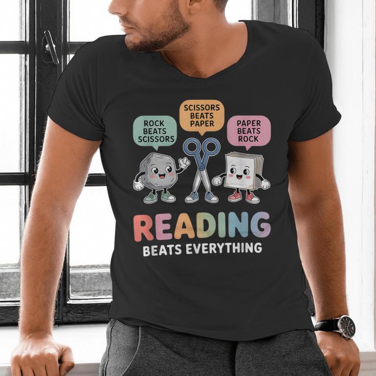 Reading Beats Everything Teacher Rock Paper Scissors Men's V-Neck T-Shirt, gift for family, gift for coworker Reading Beats Everything Teacher Rock Paper Scissors Men's V-Neck T-Shirt, gift for family, gift for coworker