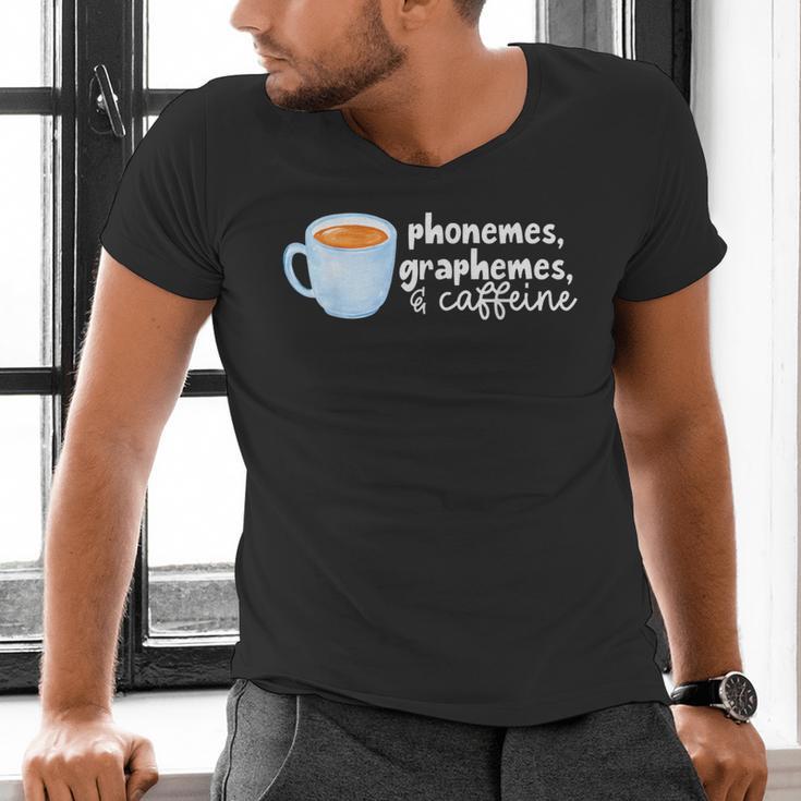 Reading Interventionist Specialist Teacher Phonemes Graphemes And Caffeine Reading Intervention -Adults Classic Fit Short Sleeve Men's V-Neck T-Shirt, gift for family, gift for coworker