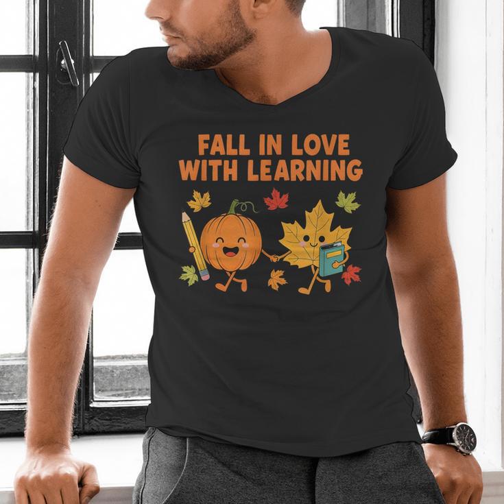 Retro Fall In Love With Learning Autumn Pumpkin Teacher Men's V-Neck T-Shirt, gift for family, gift for coworker Retro Fall In Love With Learning Autumn Pumpkin Teacher Men's V-Neck T-Shirt, gift for family, gift for coworker