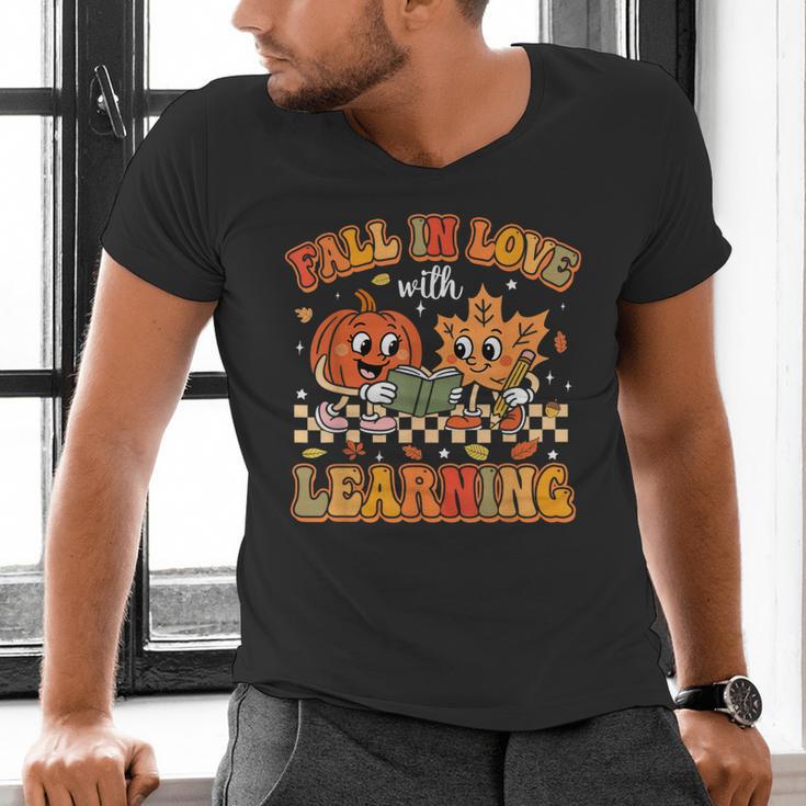 Retro Fall In Love With Learning Autumn Pumpkin Teachers Men's V-Neck T-Shirt, gift for family, gift for coworker Retro Fall In Love With Learning Autumn Pumpkin Teachers Men's V-Neck T-Shirt, gift for family, gift for coworker