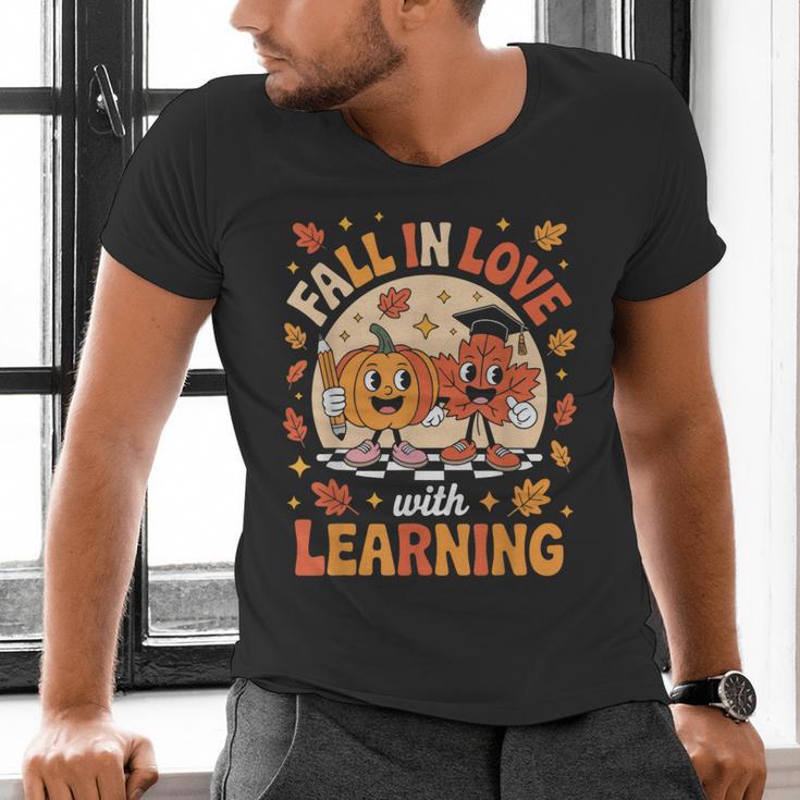 Retro Fall In Love With Learning Pumpkin Leaf Teacher Autumn Men's V-Neck T-Shirt, gift for family, gift for coworker Retro Fall In Love With Learning Pumpkin Leaf Teacher Autumn Men's V-Neck T-Shirt, gift for family, gift for coworker