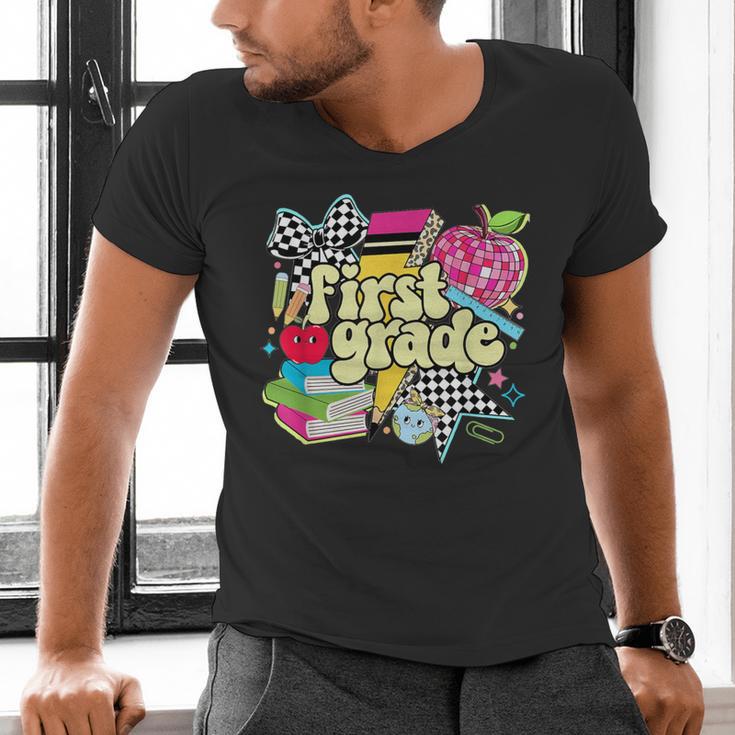 Retro First Grade Teacher Disco Ball Coquette Back To School Men's V-Neck T-Shirt, First Grade Teacher Shirts, gift for family, gift for coworker Retro First Grade Teacher Disco Ball Coquette Back To School Men's V-Neck T-Shirt, First Grade Teacher Shirts, gift for family, gift for coworker