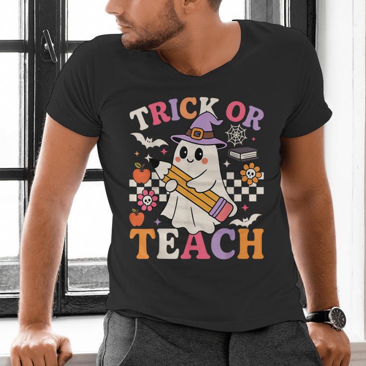 Retro Floral Ghost Trick Or Teach Groovy Teacher Halloween Men's V-Neck T-Shirt, Groovy Teacher Shirts, gift for family, gift for coworker