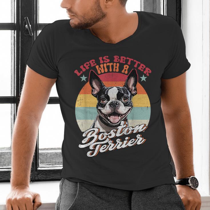 Retro Life Is Better With Boston Terrier Mom Dog Lover Men's V-Neck T-Shirt, Boston Terrier Mom Shirts, gift for family, gift for coworker