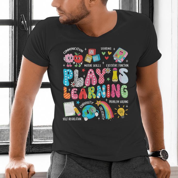 Retro Play Is Learning Kindergarten Teacher Team Women Men's V-Neck T-Shirt, gift for family, gift for coworker Retro Play Is Learning Kindergarten Teacher Team Women Men's V-Neck T-Shirt, gift for family, gift for coworker