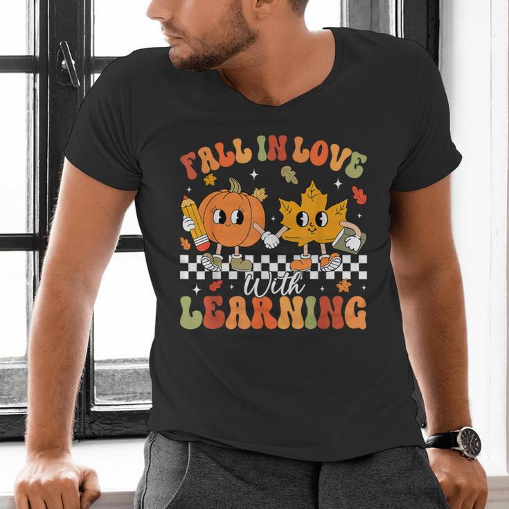 Retro Pumpkin Fall In Love With Learning Autumn Teacher Men's V-Neck T-Shirt, gift for family, gift for coworker Retro Pumpkin Fall In Love With Learning Autumn Teacher Men's V-Neck T-Shirt, gift for family, gift for coworker