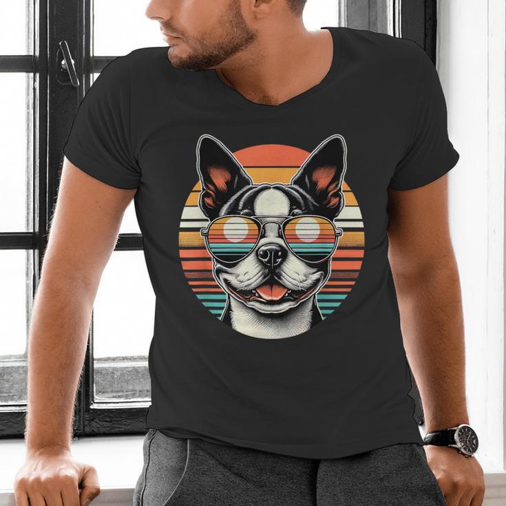 Retro Sunset Sunglasses Boston Terrier Boston Bull Bostie Men's V-Neck T-Shirt, gift for family, gift for coworker