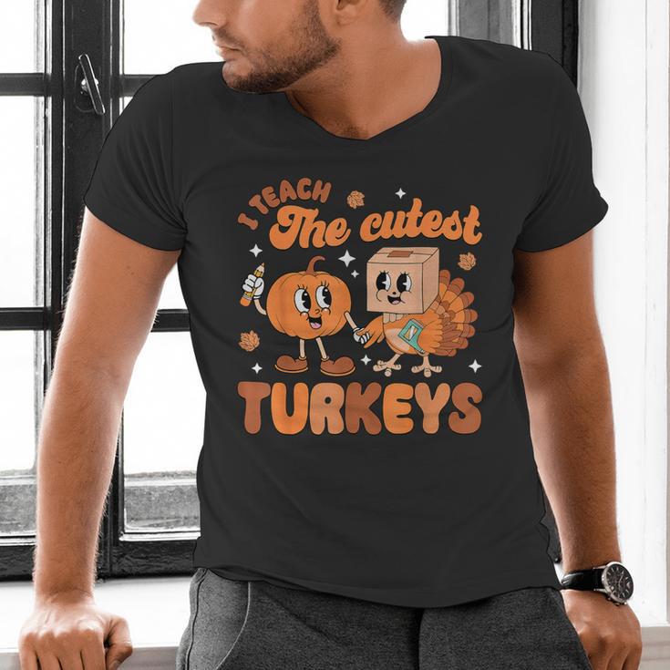 Retro I Teach The Cutest Turkey Thanksgiving Pumpkin Teacher Men's V-Neck T-Shirt, gift for family, gift for coworker