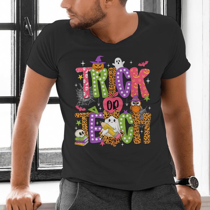 Retro Trick Or Teach Leopard Ghost Halloween Spooky Teacher Men's V-Neck T-Shirt, gift for family, gift for coworker Retro Trick Or Teach Leopard Ghost Halloween Spooky Teacher Men's V-Neck T-Shirt, gift for family, gift for coworker