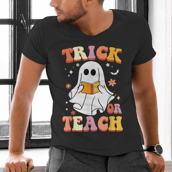 Retro Vintage Groovy Trick Or Teach Teacher Halloween For Men Women Kids Men's V-Neck T-Shirt, Groovy Teacher Shirts, gift for family, gift for coworker Retro Vintage Groovy Trick Or Teach Teacher Halloween For Men Women Kids Men's V-Neck T-Shirt, Groovy Teacher Shirts, gift for family, gift for coworker