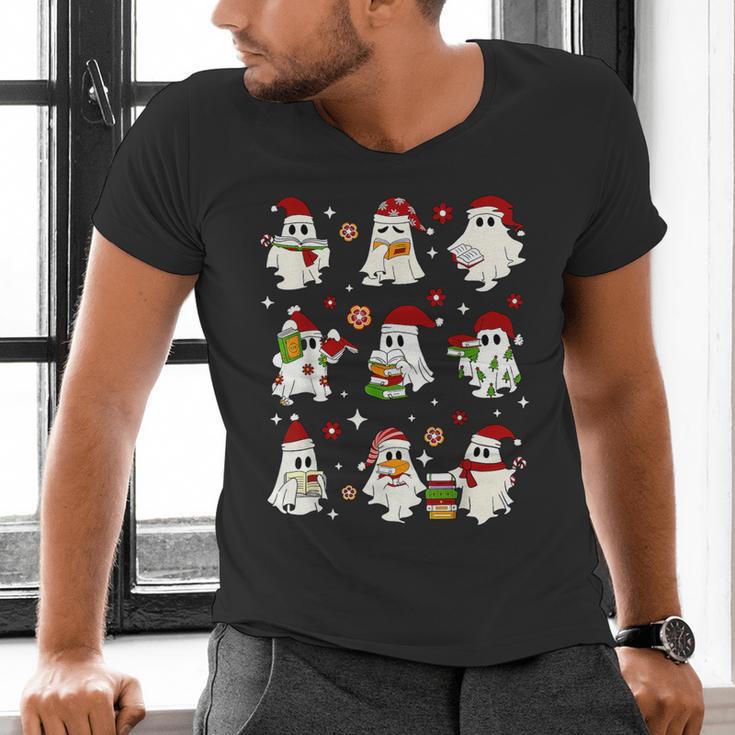 Santa Ghost Reading Books Christmas Library Teacher Men's V-Neck T-Shirt, gift for family, gift for coworker