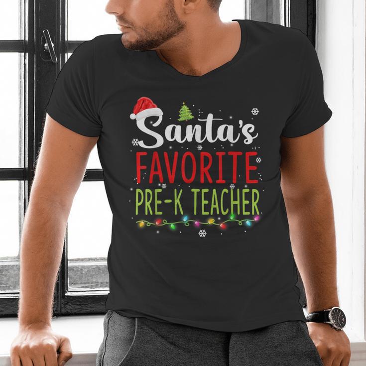 Santa's Favorite Pre-K Teacher Christmas Santa Hat Lights For Men Women Kids Men's V-Neck T-Shirt, gift for family, gift for coworker