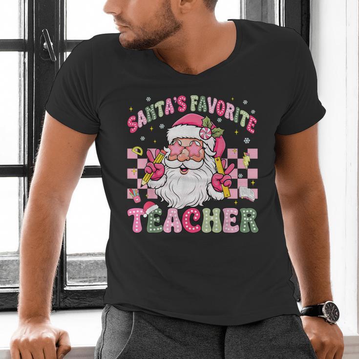 Santa's Favorite Teacher Groovy Christmas Teacher Boys Girls Men's V-Neck T-Shirt, Groovy Teacher Shirts, gift for family, gift for coworker