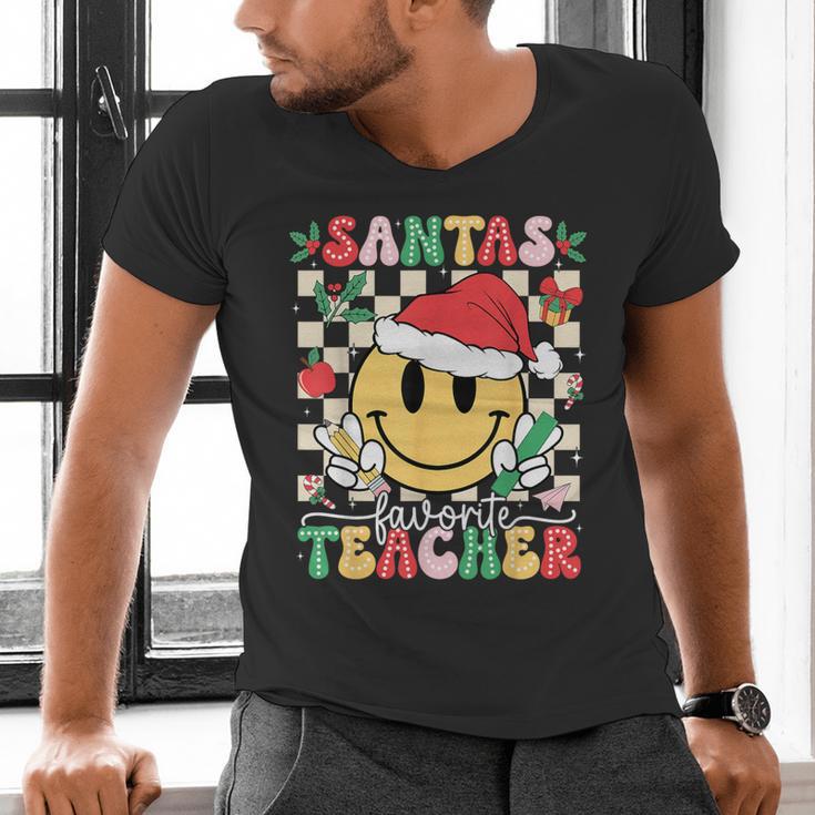 Santas Favorite Teacher Retro Groovy Smile Face Christmas Men's V-Neck T-Shirt, Groovy Teacher Shirts, gift for family, gift for coworker