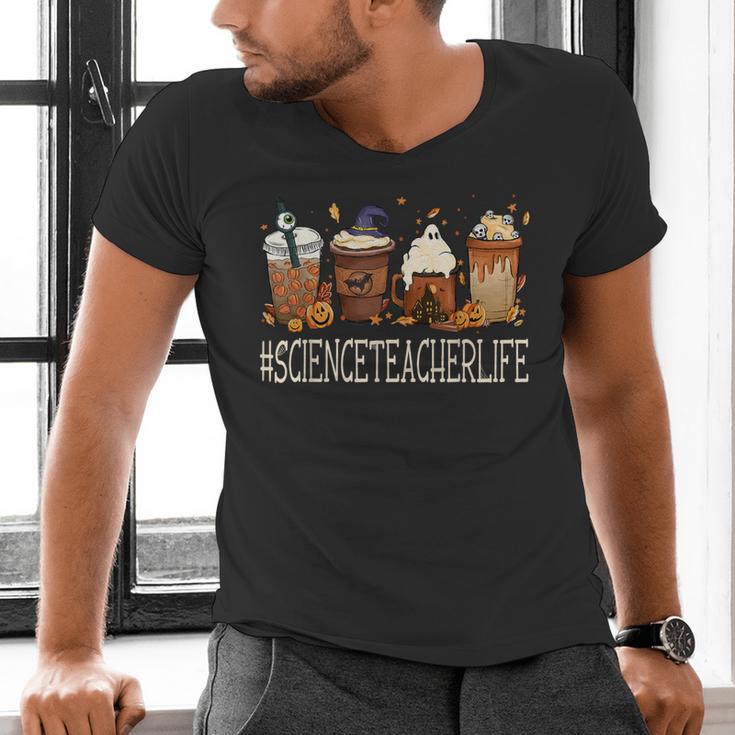 Science Teacher Horror Fall Coffee Halloween Pumpkin Autumn Men's V-Neck T-Shirt, Science Teacher Shirts, gift for family, gift for coworker