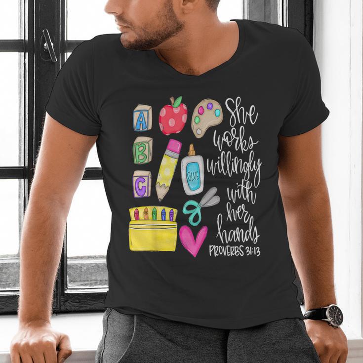 She Works Willingly With Her Hands Proverbs Daycare Teacher Men Women Men's V-Neck T-Shirt, gift for family, gift for coworker She Works Willingly With Her Hands Proverbs Daycare Teacher Men Women Men's V-Neck T-Shirt, gift for family, gift for coworker
