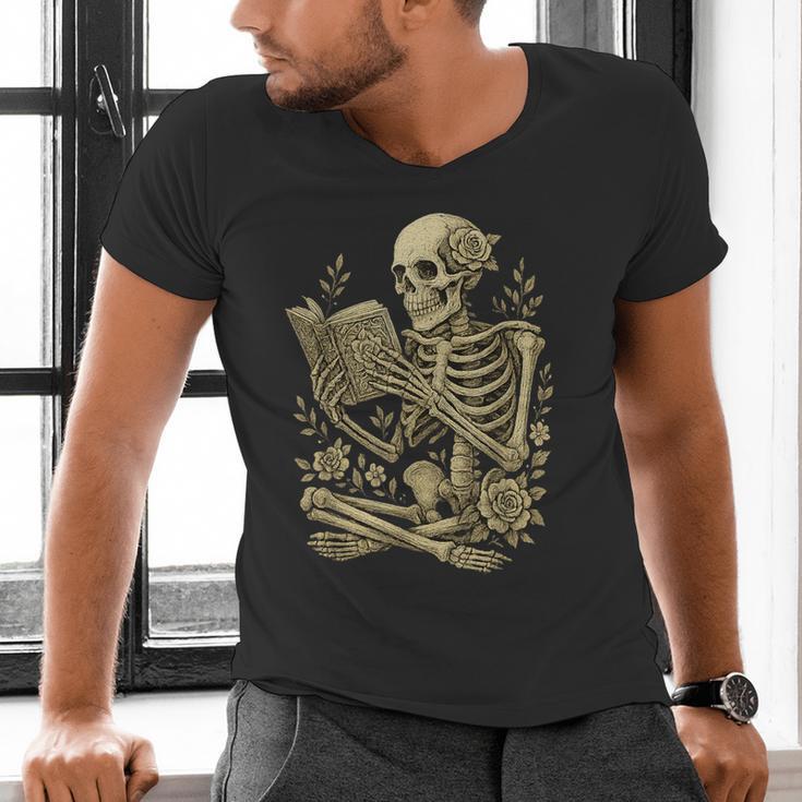 Skeleton Book Floral Skull Halloween Teacher Costume Men's V-Neck T-Shirt, gift for family, gift for coworker Skeleton Book Floral Skull Halloween Teacher Costume Men's V-Neck T-Shirt, gift for family, gift for coworker