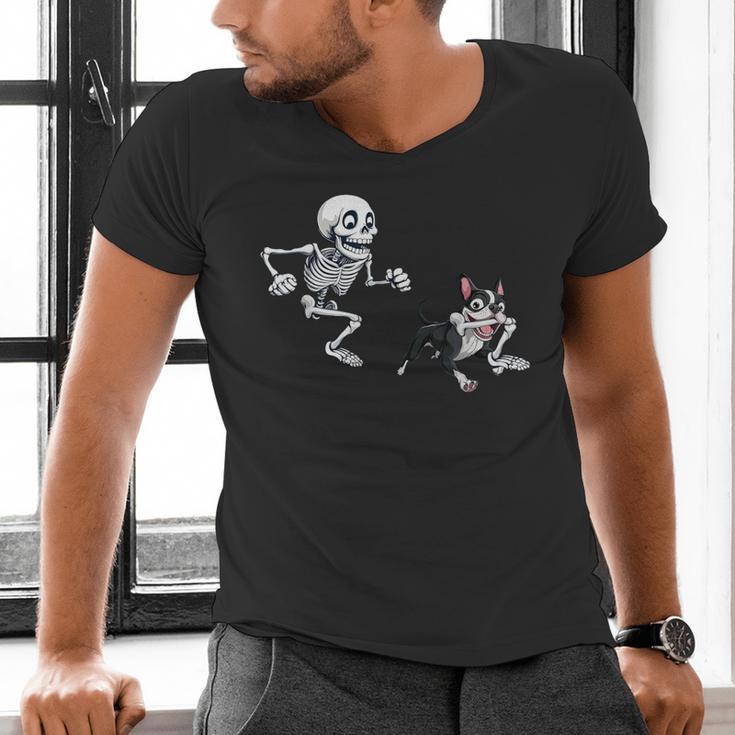 Skeleton Chasing Dog Boston Terrier Halloween Pet Lover Men's V-Neck T-Shirt, Boston Terrier Halloween Shirts, gift for family, gift for coworker