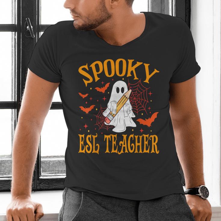 Spooky ESL Teacher Ghost Halloween School Women Men's V-Neck T-Shirt, Esl Teacher Shirts, gift for family, gift for coworker Spooky ESL Teacher Ghost Halloween School Women Men's V-Neck T-Shirt, Esl Teacher Shirts, gift for family, gift for coworker