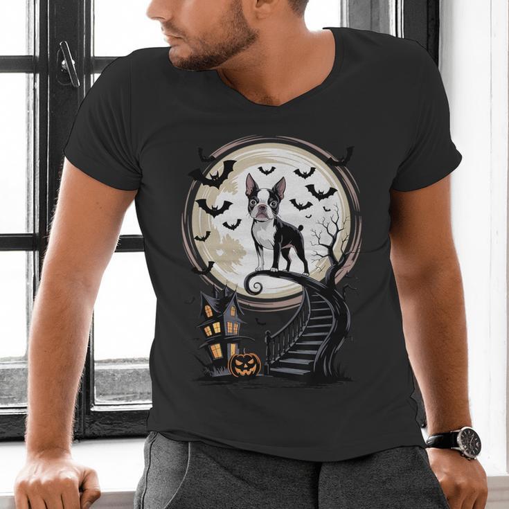Spooky Halloween Moon Boston Terrier Boston Bull Bostie Men's V-Neck T-Shirt, Boston Terrier Halloween Shirts, gift for family, gift for coworker
