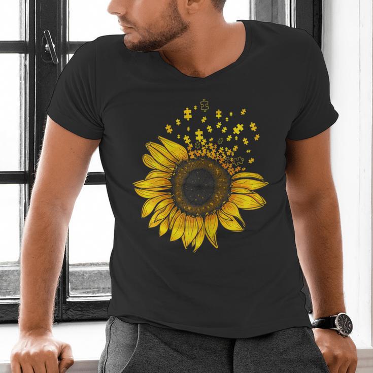 Sunflower Puzzle Pieces Autism Awareness For Mom Teacher For Women Men's V-Neck T-Shirt, gift for family, gift for coworker