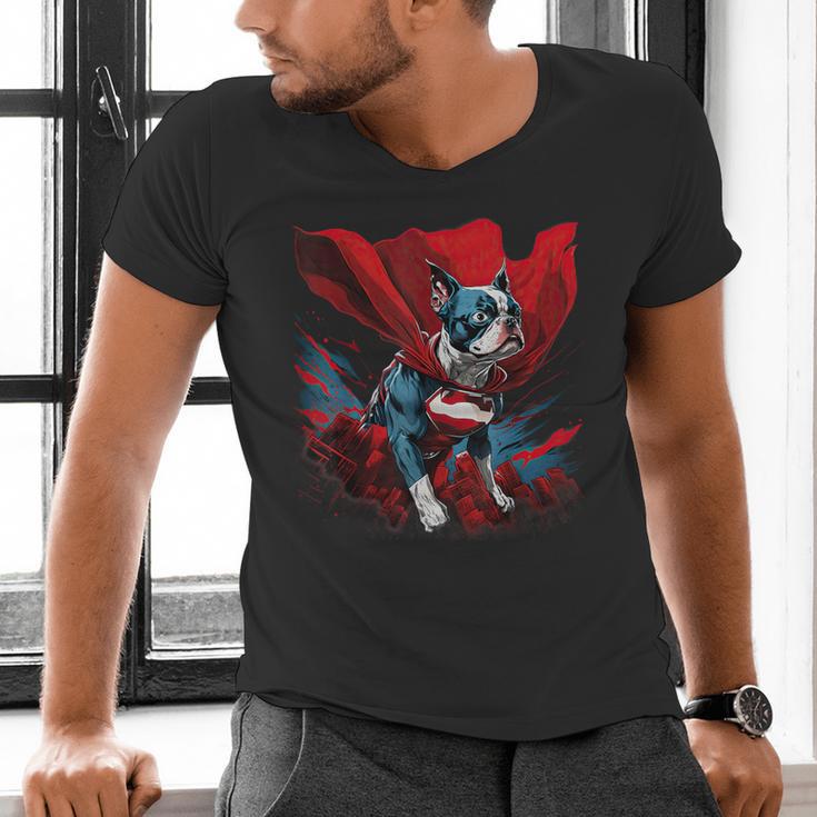 Super Power Superhero Boston Terrier Dog For Men Women Kids Men's V-Neck T-Shirt, gift for family, gift for coworker