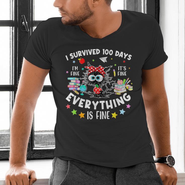 I Survived 100 Days Of School Teacher Kids Cat Lover Men's V-Neck T-Shirt, gift for family, gift for coworker