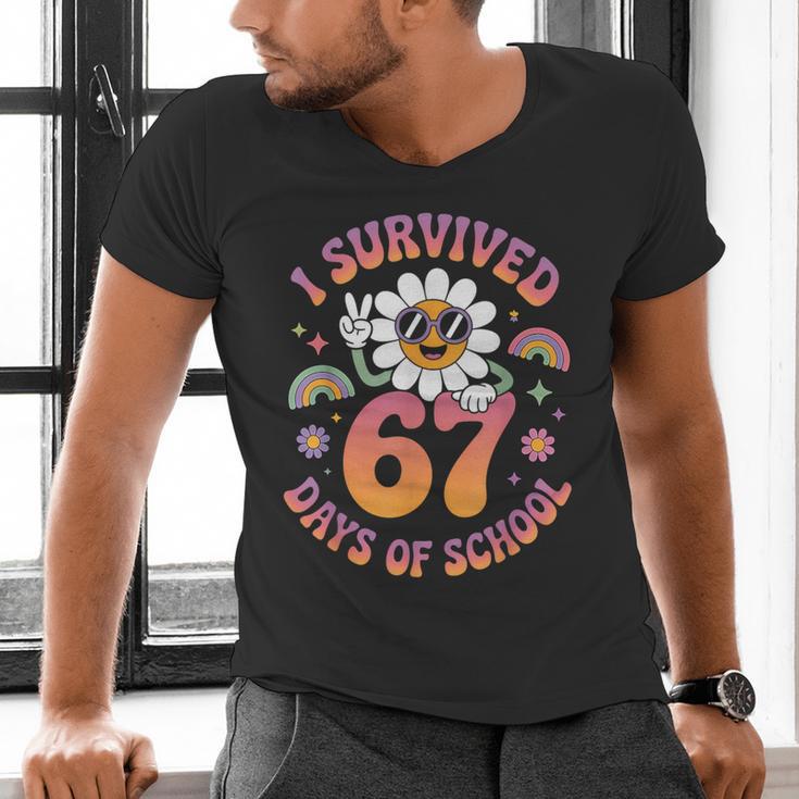 I Survived 67 Days Of School Groovy Retro Teachers Girls Men's V-Neck T-Shirt, gift for family, gift for coworker I Survived 67 Days Of School Groovy Retro Teachers Girls Men's V-Neck T-Shirt, gift for family, gift for coworker