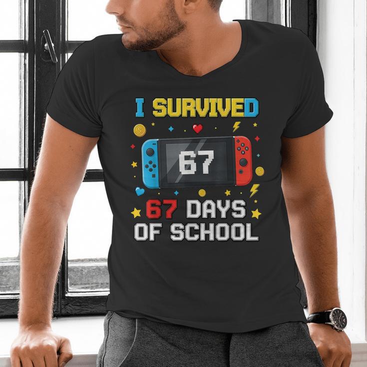 I Survived 67 Days Of School 67 Teacher Squad Matching Men's V-Neck T-Shirt, gift for family, gift for coworker I Survived 67 Days Of School 67 Teacher Squad Matching Men's V-Neck T-Shirt, gift for family, gift for coworker