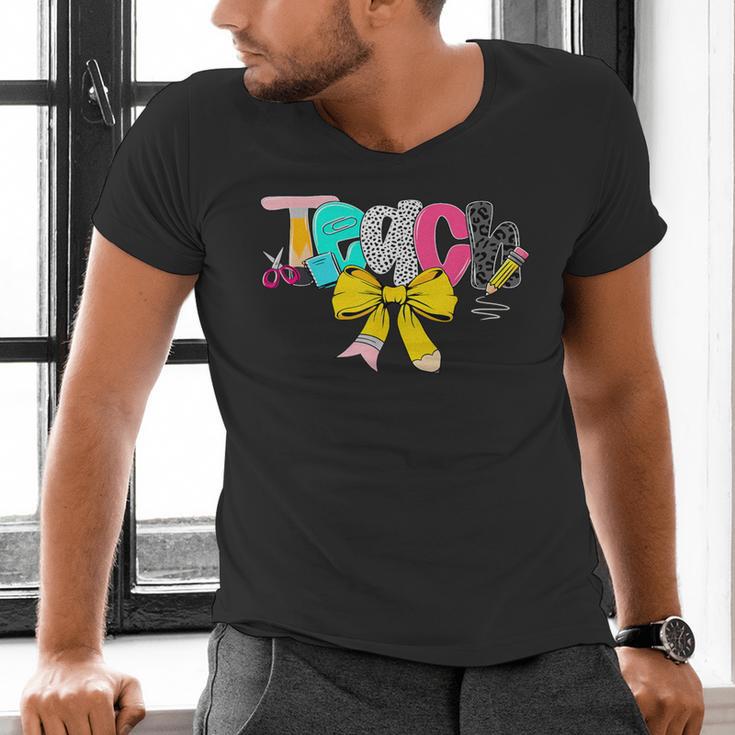 Teach Coquette Bow Teacher Back To School Happy First Day Men's V-Neck T-Shirt, gift for family, gift for coworker Teach Coquette Bow Teacher Back To School Happy First Day Men's V-Neck T-Shirt, gift for family, gift for coworker