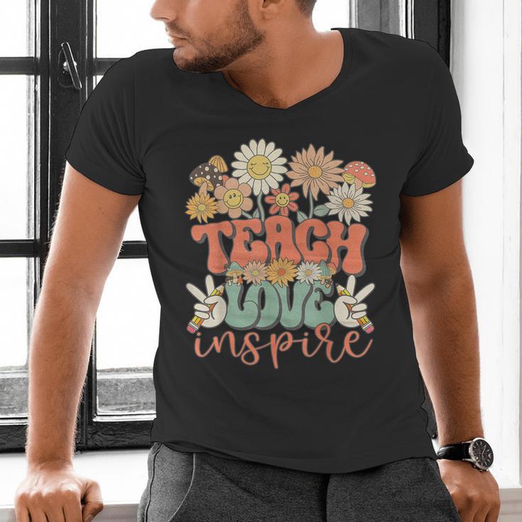 Teach Love Inspire Retro Groovy Daisy Back To School Teacher For Men Women Kids Men's V-Neck T-Shirt, Groovy Teacher Shirts, gift for family, gift for coworker