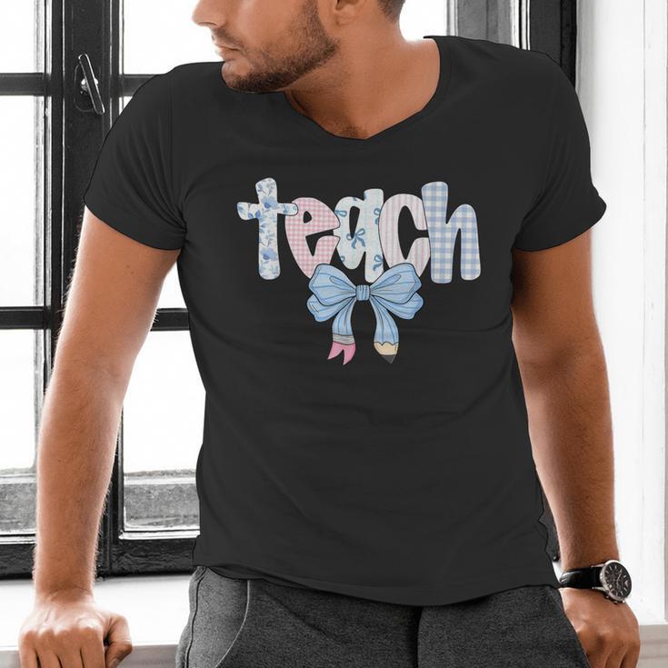 Teach Teacher Coquette Bow Pencil Back To School First Day Men's V-Neck T-Shirt, gift for family, gift for coworker Teach Teacher Coquette Bow Pencil Back To School First Day Men's V-Neck T-Shirt, gift for family, gift for coworker
